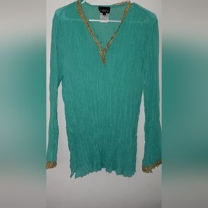 Libra Size L. Sheer Blouse/Top Teal Green Gold Lace Trimmed V-Neck & Sleeves